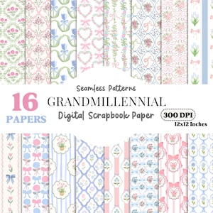 Grandmillennial Seamless Pattern, Pastel Watercolor Floral JPEG, Floral Coquette Bows, Digital Repeating Pattern, Digital Scrapbooking