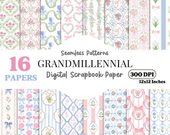 Grandmillennial Seamless Pattern, Pastel Watercolor Floral JPEG, Floral Coquette Bows, Digital Repeating Pattern, Digital Scrapbooking