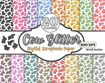 Glitter Cow Print Digital Paper, Animal Print Pattern Printable, Seamless Repeated Cow Skin Scrapbook JPEG
