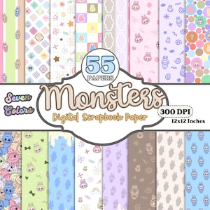 Kawaii Pastell Monster Digitales Papier Scrapbook, Monster Wallpaper JPEG