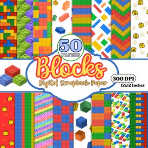 Toy Blocks Colorful Digital Papers, Blocks Seamless Pattern Bundle, Toy Building Blocks Digital Repeating Pattern, Digital Scrapbooking JPEG