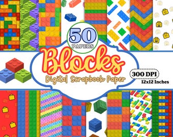 May include: A digital scrapbook paper set featuring colorful block designs. The image includes various patterns with red, blue, green, yellow, and orange blocks. The text reads "50 Papers Blocks Digital Scrapbook Paper 12x12 Inches 300 DPI".