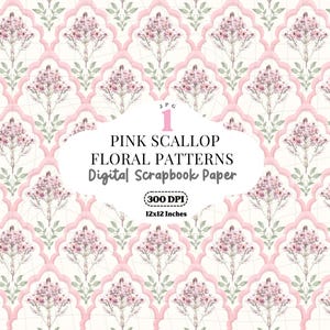 Grandmillenial Botanical Pink Flowers Watercolor, Scallops Floral Artwork Seamless Pattern, Digital Scrapbooking Repeating Patterns JPEG