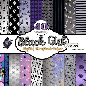 May include: A collection of 40 digital scrapbook papers, each 12x12 inches, featuring various patterns. Designs include bats, roses, and geometric shapes in black, purple, and gray. The title "Black Girl" is displayed prominently.