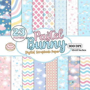 Papel digital para álbum de recortes con conejito azul y rosa pastel, papel de conejito blanco / JPEG