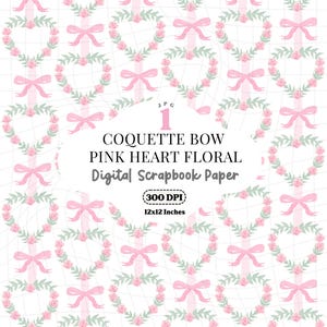 Coquette Heart Bows Floral Seamless Pattern, Pastel Pink Floral JPEG, Digital Repeating Patterns, Digital Scrapbooking, Heart Bows Paper Set