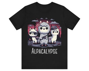 Alpaca-lypse | Dark Humor, Apocalyptic Alpacas, Funny Farm Animal Tshirt, Dark Future, Cute Dark and Fluffy, Unisex Short Sleeve Tee