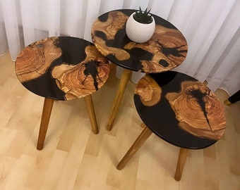 3 IN 1 SET, Handmade BLACK Round Epoxy Resin Coffee Table, Epoxy Small Table, Resin Table, Table, Live Edge Coffee Table, Decorative Table