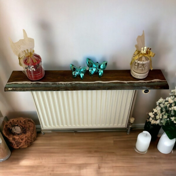 EPOXY SEA WAVE Effect with Rustic Solid Wood Radiator Shelf with free 2 brackets | Handcrafted | 15cm Depth x 2cm Thickness