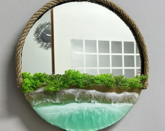 Sea Waves and Real mossy epoxy resin mirror, Ocean Waves, Seaweed, and Rope Mirror, large wall mirror, decorative mirror, art deco mirror