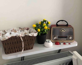 Wall-mounted Radiator Shelf Dresser Radiator Shelf (24 Inc x 7 Inc) White Oval Cut, Rustic Solid Wood Radiator Shelf with Cast Iron Brackets