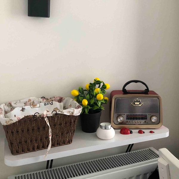 Wall-mounted Radiator Shelf Dresser Radiator Shelf (24 Inc x 7 Inc) White Oval Cut, Rustic Solid Wood Radiator Shelf with Cast Iron Brackets