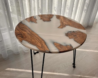 Handmade White Round Epoxy Resin Coffee Table, Epoxy Small Table, Resin Table, Table, Live Edge Coffee Table, Decorative Coffee Table