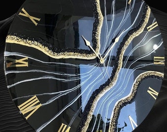 Elegance and Sophistication: Epoxy Wall Clock - 40 cm, MDF Base, Glitter Black with Gold Roman Numerals