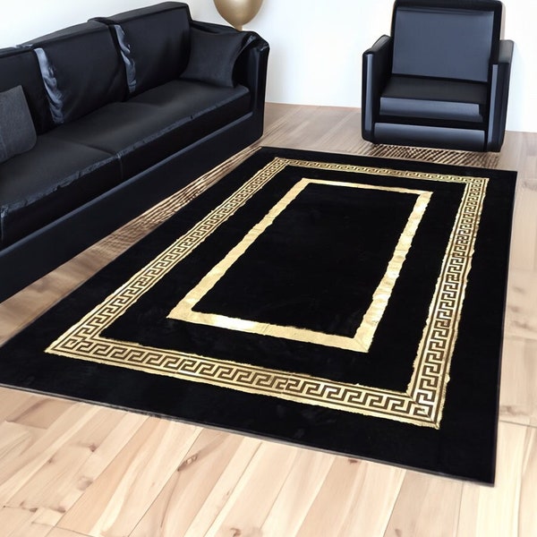Designer Luxury Black & Gold Shaggy Plush Bedroom 6x8 Rug, Soft High Quality Bedroom 5x8 Rug for Home Decor, Soft Fluffy Living Room Carpet