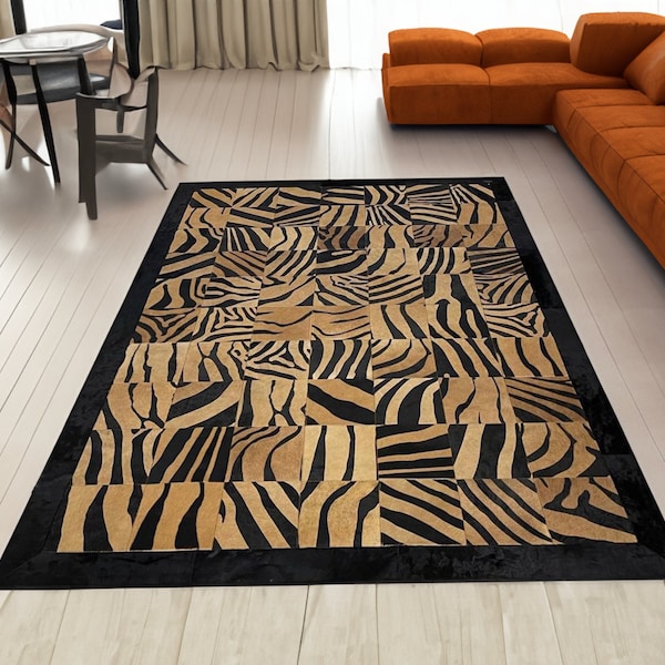 Zebra Brown Black Premium Quality Cowhide 6x8 Square Patchwork Rug, Large Geometric Square Custom Zebra Living Room Hair on Hide Area Rug