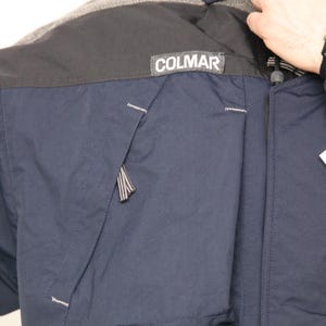 May include: A navy blue jacket with a black and gray panel across the shoulders. The jacket has a zipper closure and a pocket on the left side. The word "COLMAR" is printed in white on a black patch on the jacket.