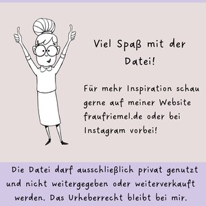 K&ouml;nnte beinhalten: Eine Schwarzwei&szlig;illustration einer Frau mit erhobenen Armen und Daumen nach oben. Der Text lautet "Viel Spa&szlig; mit der Datei!"  "F&uuml;r mehr Inspiration schau gerne auf meiner Website fraufriemel.de oder bei Instagram vorbei!" "Die Datei darf ausschlie&szlig;lich privat genutzt und nicht weitergegeben oder weiterverkauft werden. Das Urheberrecht bleibt bei mir."