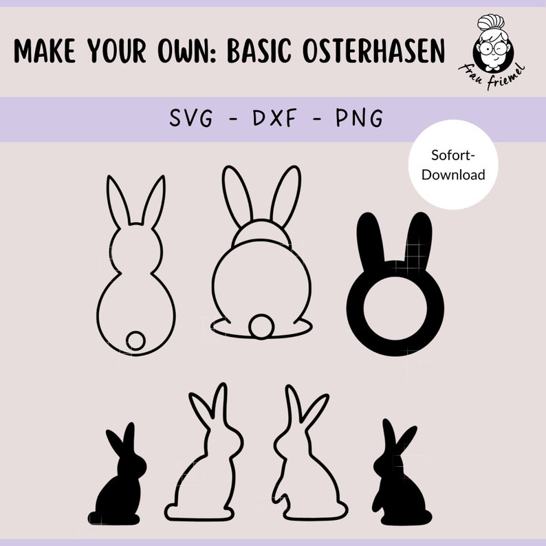 K&ouml;nnte beinhalten: Ein Set mit sechs schwarzen und wei&szlig;en Umriss-Hasen-SVG-Schnittdateien. Die Hasen sind in verschiedenen Posen, darunter stehend, sitzend und ein Kreis mit Hasenohren. Der Text "MAKE YOUR OWN: BASIC OSTERHASEN" befindet sich oben im Bild.