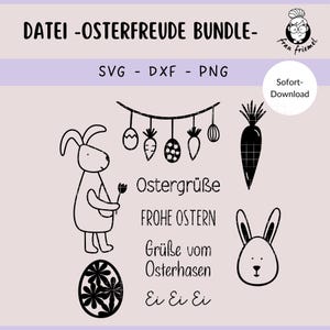 Puede incluir: Ilustraciones en blanco y negro de conejos de Pascua, huevos, zanahorias y una guirnalda de huevos de Pascua. El texto "Ostergr&uuml;&szlig;e", "Frohe Ostern", "Gr&uuml;&szlig;e vom Osterhasen" y "Ei Ei Ei" est&aacute; incluido.