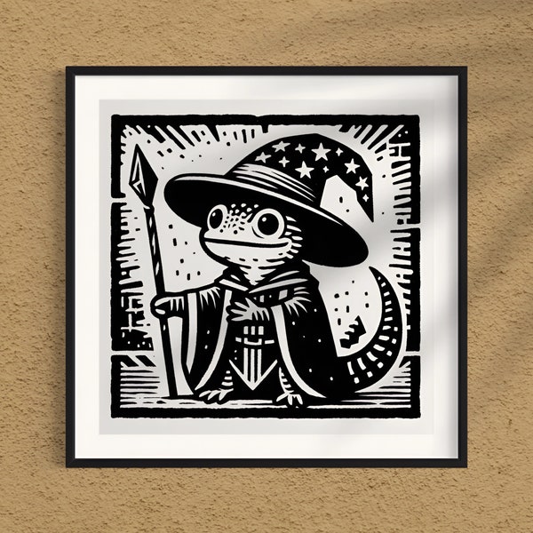 Lizard Wizard - Linocut Style Block Print Illustration Wall Art Home Decor Unique Funny Gift for Fantasy Fans Sci-Fi Science Fiction DnD