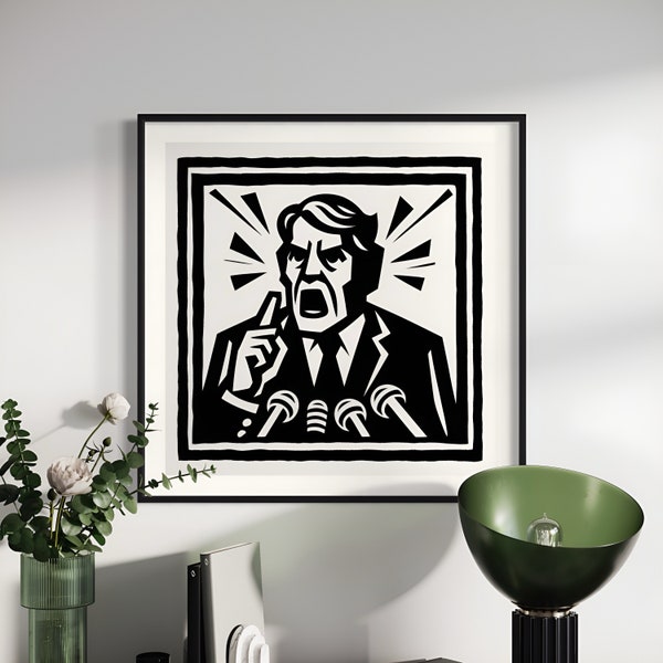 Hot Mic - Yelling Man Politician Linocut Style Wall Art Print Home Decor Gift Lawyer Politics