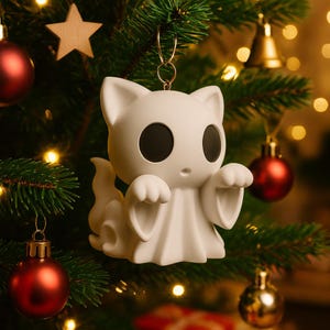 Boomhanger: miniatuur spookkatstandbeeld – milieuvriendelijk materiaal – 3D-geprint beeldhouwwerk