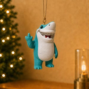 3D Printed Shark Ornament, Flipping Middle Finger, Christmas Tree Decoration