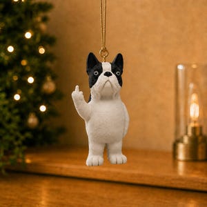 Statua da appendere all'albero di Natale, bulldog francese con il dito medio alzato – scultura di bulldog francese stampata in 3D
