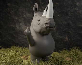 Rhino Middle Finger Statue – Humorous Rhino Decor, Unique Wildlife Lover Gift, Eye-Catching Desk Ornament, 3D-Printed Rhino Sculpture