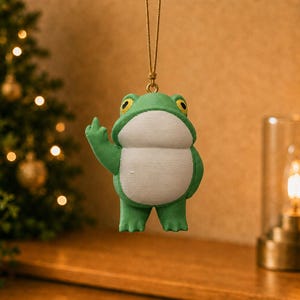 Adorno navideño para árbol de Navidad: Estatua de rana haciendo la peineta – Decoración humorística impresa en 3D