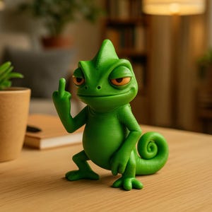 Chameleon Figurine Flipping the Middle Finger – 3D Printed Funny Green Lizard Desk Decor, PLA Statue