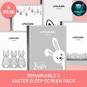 May include: A collection of five digital sleep screen designs for the reMarkable 2 tablet, featuring Easter-themed illustrations. Designs include bunny, Easter eggs, and text that reads "Happy Easter". The text "reMarkable is sleeping" is also present.