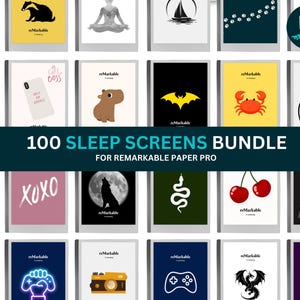Puede incluir: Un conjunto de 100 pantallas de suspensión para Remarkable Paper Pro. Las pantallas presentan varios diseños, como un murciélago, un cangrejo, un lobo, cerezas y un árbol de Navidad. Se muestra el texto "100 SLEEP SCREENS BUNDLE".