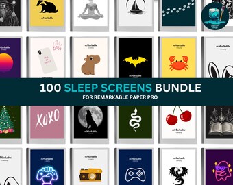 Peut inclure: Un ensemble de 100 écrans de veille pour Remarkable Paper Pro. Les écrans présentent divers motifs, dont une chauve-souris, un crabe, un loup, des cerises et un sapin de Noël. Le texte "100 SLEEP SCREENS BUNDLE" est affiché.