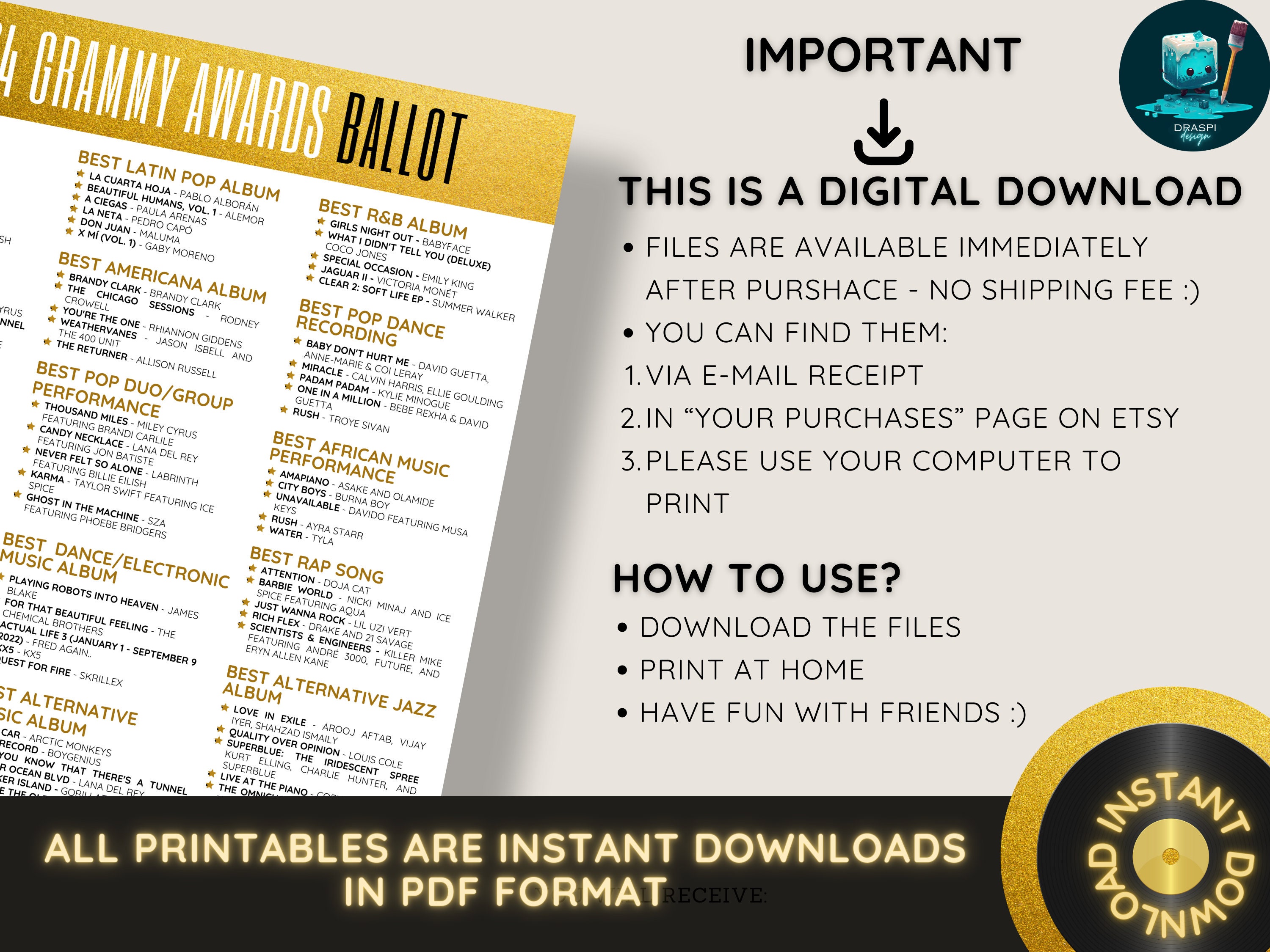 66th Grammy Awards Ballot Academy Awards Watch Party Party Printable