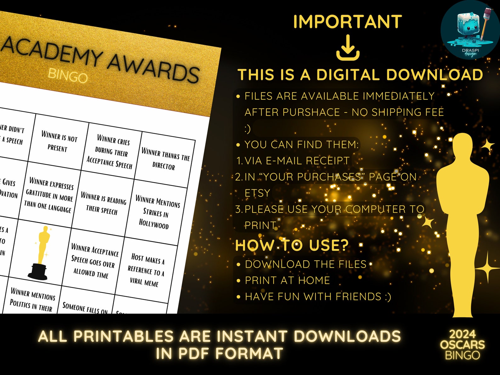 96th Academy Awards Party BINGO Game Fun Game for Adults Party ...
