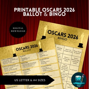 Oscars 2026 Quiniela y Bingo (Set de 30) | Juegos para Fiesta Academy Awards | Predicciones de Cine | PDF Imprimible (En Inglés)