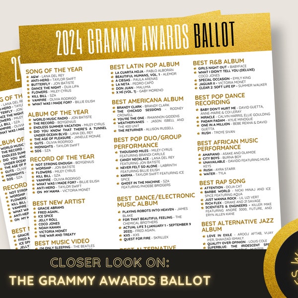 66th Grammy Awards Ballot | Academy Awards Watch Party | Party Printable | 2024 Grammys | Instant Download