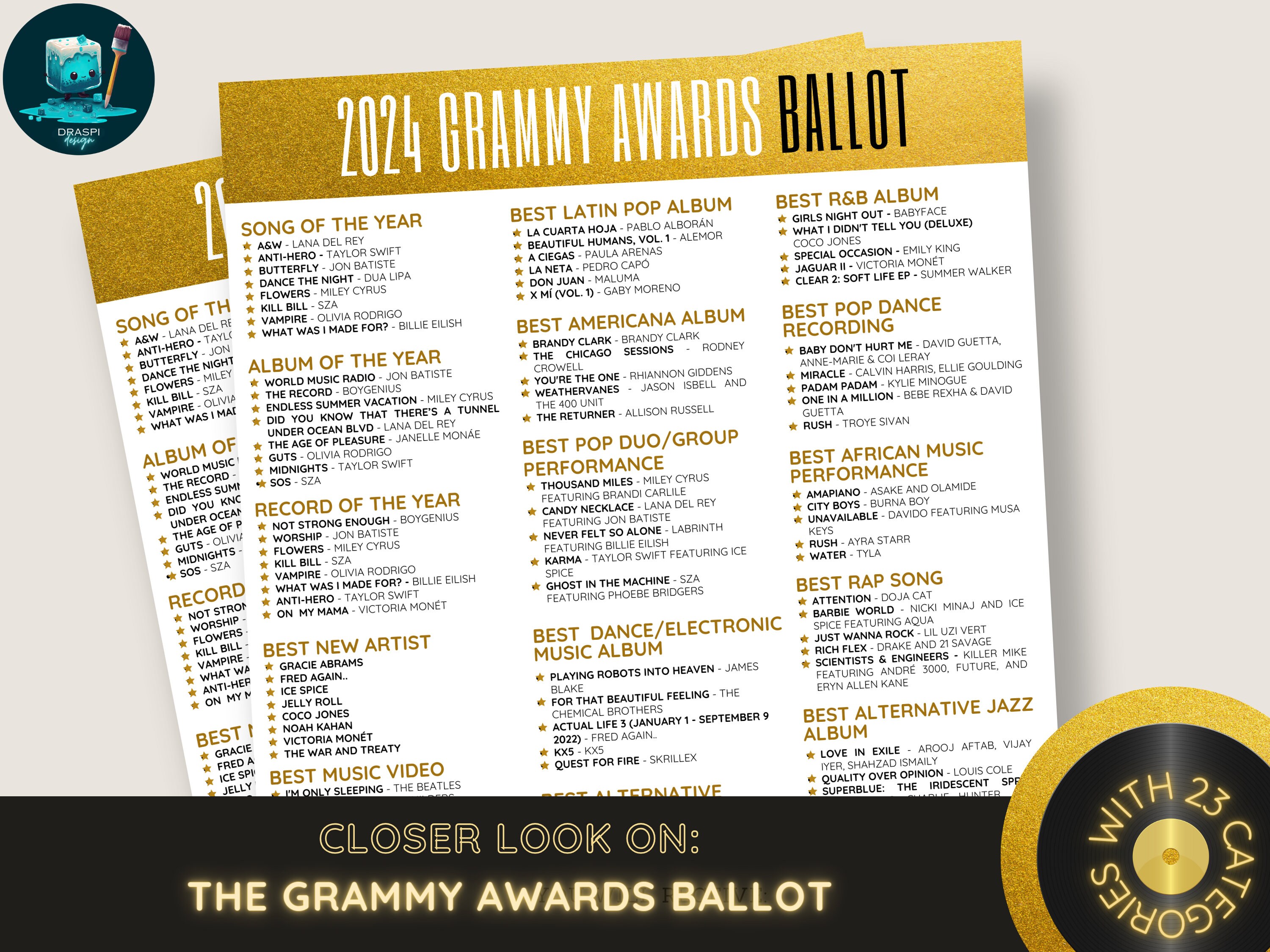 66th Grammy Awards Ballot Academy Awards Watch Party Party Printable