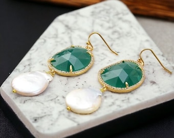 Dangle Earrings, Crystal Earrings, Titanium Earrings, Baroque Pearl, Keshi Pearl, Green Crystal, Perfect Gift