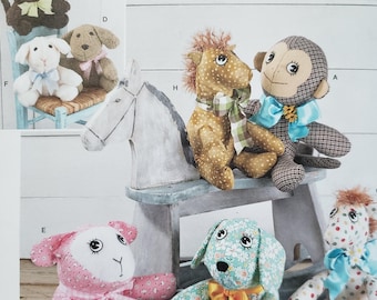 May include: A Simplicity sewing pattern for making stuffed animals. The pattern includes instructions for making a monkey, a horse, a lamb, and two dogs. The pattern is for one size and is called "1603 OS".