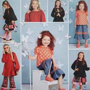 May include: A sewing pattern for girls' clothing, Simplicity pattern number 1180 HH. The pattern includes five different styles of dresses and skirts, with options for long or short sleeves, ruffles, and different fabrics. The pattern is designed for sizes 3, 4, 5, and 6.