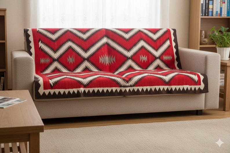 Navajo c.1915 Saddle Blanket Reprint - Authentic Historic Geometric Weaving on Decorative Throw Blanket image 2