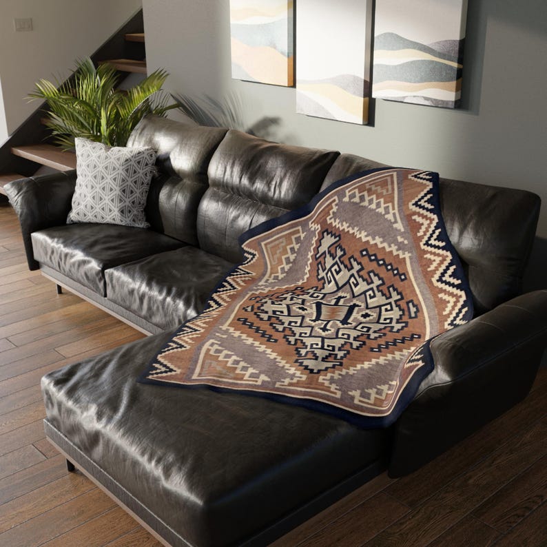 Gold Southwestern Navajo Blanket- Timeless Navajo Artistry, Print on Both Sides Microfiber Fleece Throw, Early 1900s 60" × 50"