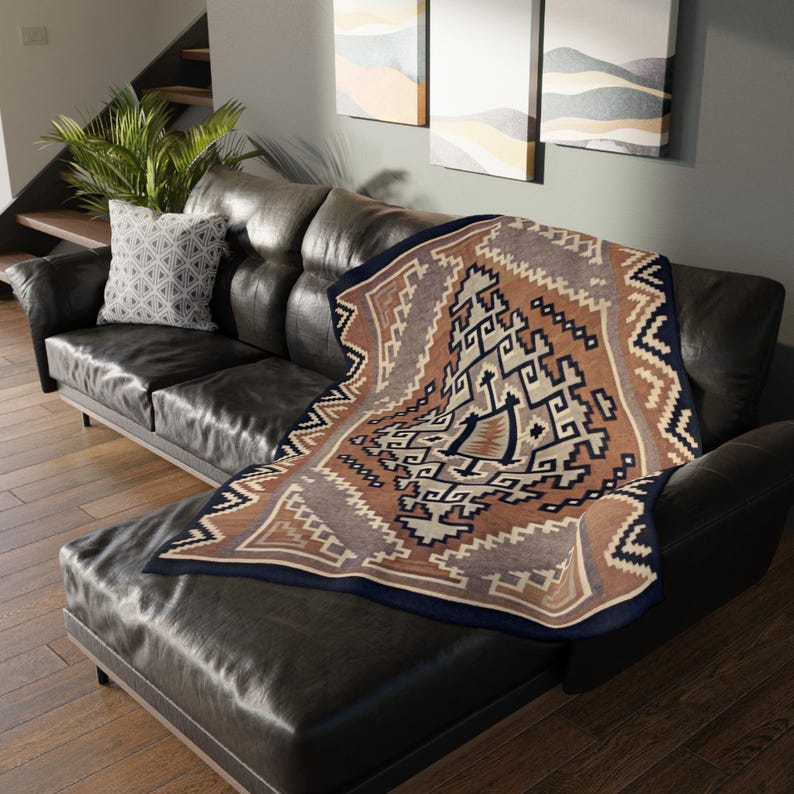 Gold Southwestern Navajo Blanket- Timeless Navajo Artistry, Print on Both Sides Microfiber Fleece Throw, Early 1900s 80" × 60"