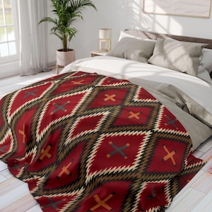 Navajo c.1910 Diamond Saddle Blanket Reprint - Deep Red & Beige, Elegant Geometric Throw Blanket