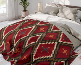 Navajo c.1910 Diamond Saddle Blanket Reprint - Deep Red & Beige, Elegant Geometric Throw Blanket