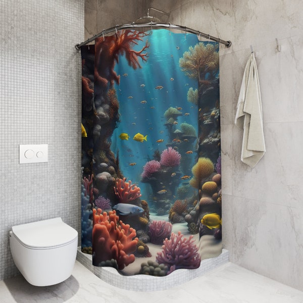 Rideau de douche récif de corail bleu profond océan - Nager sous l'eau avec les poissons Aquarium 3D Illusion fantasy - Maisons de luxe et locations