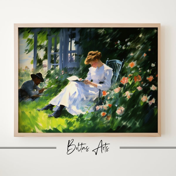 Lady Reading in Garden Painting | Vintage Wall Art | Reading Scenery | Printable Human Scenery Painting | Downloadable Artwork | BoltasArts